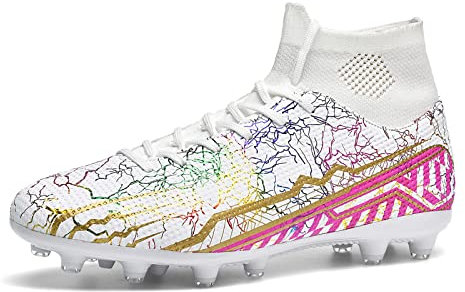 ELAPHURUS Fußballschuhe Herren High Top Spike Cleats Fussballschuhe Outdoor Sportschuhe Professionelle Athletics Trainingsschuhe Fußball Stiefel, Weiß, 43EU