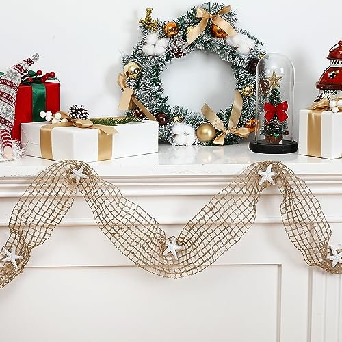 Weihnachten Seestern Girlande Fischernetz Band Küsten Weihnachtsbaum Girlande Strand Netzband Deko Hängende Nautische Girlande Dekorative Weihnachtsgirlande (236 Zoll, Weiß, Braun)