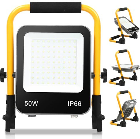 Randaco Projecteur de Chantier LED, 50W 5000LM Blanc Froid 6000K avec Support Pliable, Éclairage de Chantier avec câble 3M Prise, Étanche IP66 Idéal pour Travaux Intérieurs et Extérieurs