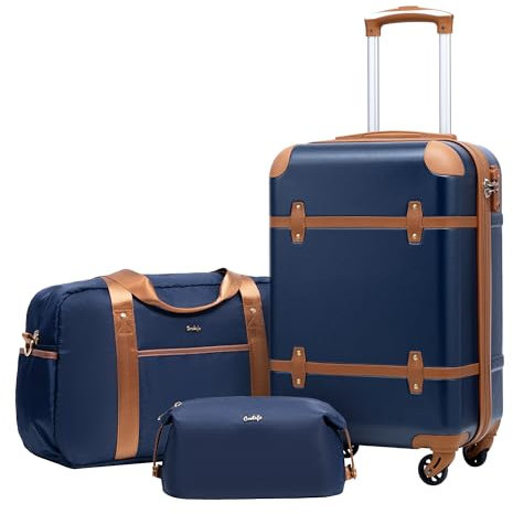 COOLIFE Koffer Set, Hartschalenkoffer 3 TLG Reseikoffer Handgepäck Enthält 1 Reisetasche und 1 Kulturbeutel TSA-Schloss 4 Rollen, Blau/Braun, Handgepäck-Set 3tlg