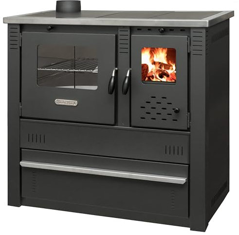ProTermo Kaminofen Panonia in Basic Grau mit Abzug Links - 10,54 kW Heizleistung - 90x51x85 cm Holzofen mit Backfach und Herdplatte ohne selbstschließender Tür - Bauart 2