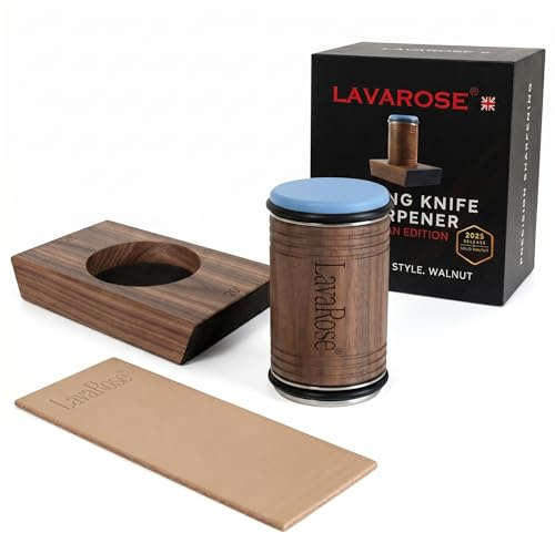 LavaRose Artisan Rolling Knife Sharpener for Kitchen Knives, Premium Walnut Magnetic Angle Guide 15°/20°, Diamond Sharpening & Honing Discs, Leather Strop Included