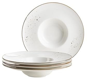 MÄSER Serie Pintar, hochwertiges Gourmetteller-Set, 4-teilig mit Ø 26 cm, breiter Tellerrand, mit heller Glasur, visuellen braunen Sprenkeln und feinem Rand im Vintage Look, Porzellan