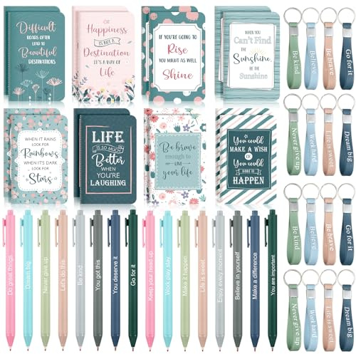 PerKoop 48 Pcs Inspirational Gifts Bulk Motivational Notepads Ballpoint Pens Keychains Set Classic Notebook Journal Lined for Teachers School Office Party Favor Supplies