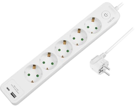 LogiLink LPS280U - Steckdosenleiste 5-Fach + Schalter, 5X Schutzkontaktbuchsen (CEE 7/3) in 45° Anordnung, 1x USB-A, 1x USB-C, 1,5 m