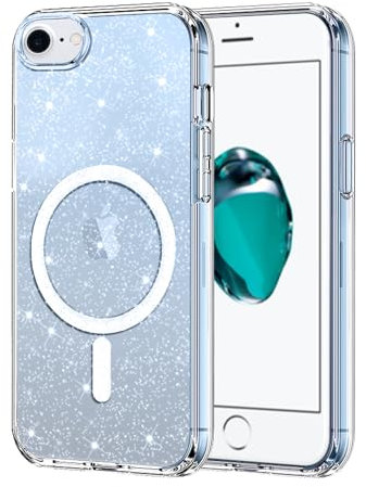 Foonary Transparent Glitter Cover Magnetic for iPhone 8/SE 2022/7/SE 2020 4.7, Bling Brilla Case Compatible with MagSafe Magnetic Wireless Charging, Bumper TPU Hard PC Clear Phone Cases,for iPhone 7