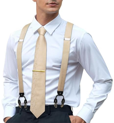 Hi-Tie Men's Suspenders and Tie Set Silk Adjustable Elastic Y Braces with Strong 6 Clips Pocket Square Set