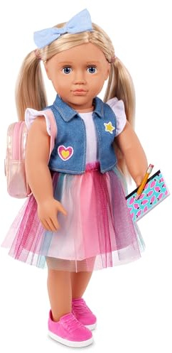 Our Generation Evie – 46 cm-Spielpuppe mit Schulranzen und Zubehör | 46 cm große Anziehpuppe Evie mit Outfit, Schulranzen, Schulzubehör und Spielessen, geeignet für Kinder, 3+ Jahre