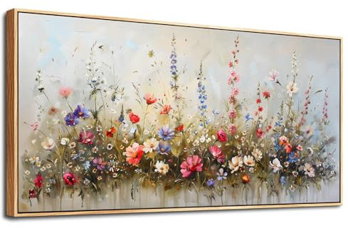 MHARTK66 Wiesenblumen Leinwand Bilder Mit Rahmen Holz, 50x100 cm Groß Wandbilder Wohnzimmer Bunt Blumen Bild Aesthetic, Modern Wanddeko Kunstdruck Schlafzimmer Badezimmer Büro Esszimmer Küche
