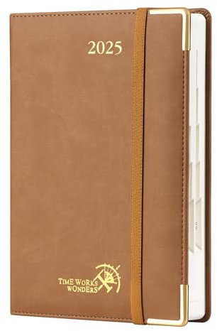 POPRUN Premium Terminplaner 2025, A5, Seite pro Tag, fester Einband, PU-Leder, Tagesplanung, 25 Tagesansicht, Terminkalender mit 30-Minuten-Intervall, monatliche Registerkarte (Braun)