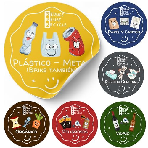 LiveLaif® – Super Pack 6 Pegatinas Reciclaje Español ⊘11cm | Vinilo para Cubos Basura | Etiquetas Papel Plástico Orgánico Vidrio | Cocina, Oficina, Colegios | Acabado brillo