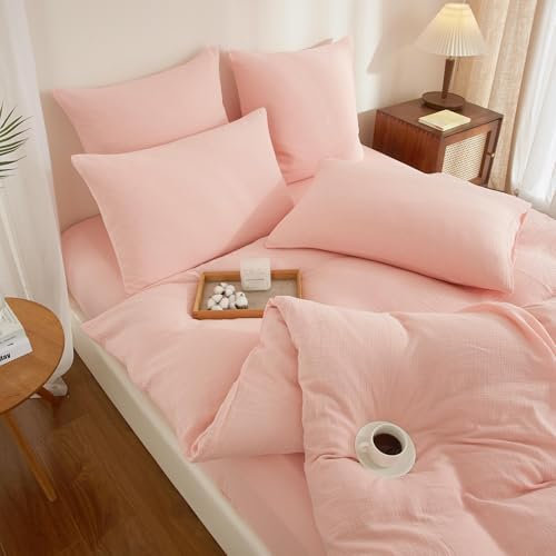 YASMENG Housse de Couette Gaze de Coton 200x200 Rose 100% Coton Parure de Lit Double en Gaze de Coton Doux Respirant Linge de Lit 2 Personne avec Fermeture Éclair et Taies d'oreiller 65x65 cm