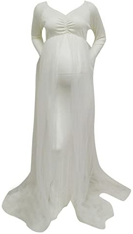 Chemise en jean pour femme 46 - Manches longues - Pour femme enceinte - En tulle solide - Robe de princesse - Accessoire photo - Robe blanche pour bébé, Blanc., M