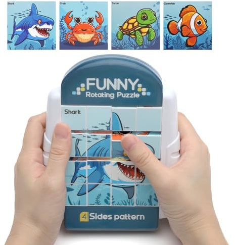Drehbares 3D-Puzzle 16 Teile Flip-Muster beschäftigung für Kinder im Flugzeug beschäftigung Kinder autofahrt Geschenke für Jungen und Mädchen 4 5 6 Jahre (Meeresleben)
