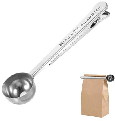 Personalised Engraved Coffee Spoon Scoop and Bag Clip. Coffee Lover's Gift, Stocking Filler, Him or Her, Steel in Love, 11th Wedding Anniversary 11 Years Married