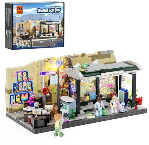 FUNWHOLE Graffiti-Bushaltestelle Klemmbausteine Beleuchtung Deko, Modular Building Straßenfusion City Town Busbahnhof,516Pcs,Geeignet für Erwachsene und Streetstyle-Liebhaber,F9066,Bus Stop