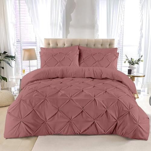 K&A® Pintuck Pinch Pleat Super King Duvet Set with Zipper Closure including Pillowcase – Ultrasoft Brushed Microfiber – Easy Care & Machine Washable (Dusty Pink - 220x260)