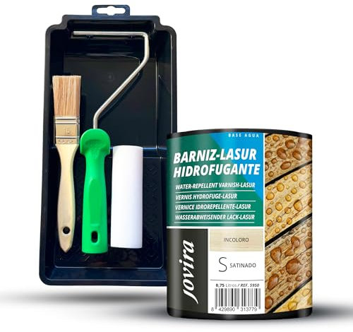 JOVIRA PINTURAS Impregnante legno, Lasur idrorepellente protettivo satinato all'acqua e kit con minicubo, rullo di schiuma, bastone e pennello (750 millilitri, Incolore + kit Vernice-Lasur) F-47-K