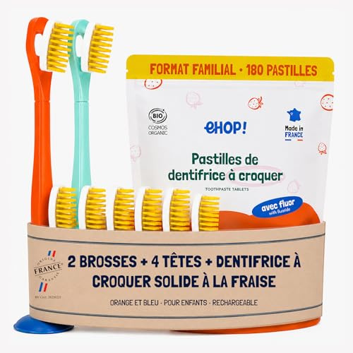 [EHOP] Kit - 2 Brosses à dent Enfants avec 6 têtes rechargeables Enfants Extra Souples, 1 dentifrice solide à la fraise | Orange et bleu | Fabriqué en France