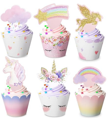 Ovanda 24 Stück Einhorn Tortendekos, Einhorn Kuchendeko Mädchen, Torte Einhorns Deko für Kinder, Tortendeko Einhorns, Tortendeko Mädchen, Deko Kindergeburtstag, Kuchenbecher Dekos