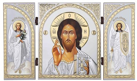 NKlaus Triptychon, Jesus Christus, 30x17,5x0,7cm, christlich, Holz, 1 Stück | Christliches Motiv mit Erzengeln Gabriel und Michael, goldener Prägung und Schutzlack