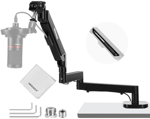 NEEWER MS002 Low Profile Desk Mic Boom Arm Stand with 360° Swivel Adjustable Pneumatic Damping Cable Management Cleaning Cloth, Desktop Mount Holder Compatible with Shure MV7 SM7B Blue Yeti Microphone