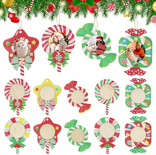 Weihnachtsbaumschmuck Bilderrahmen Weihnachtsbaum Anhänger, 10 Stück Weihnachten Bilderrahmen Holz Weihnachtsbaumanhänger Christbaumanhänger, Foto Süßigkeiten Ornament Weihnachtsbaum Deko