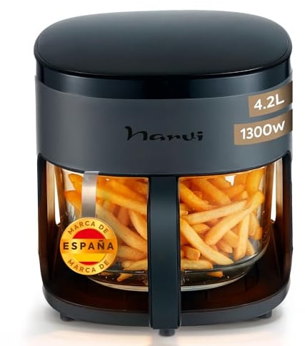 Narvi Freidora de Aire 1300W con Bandeja de Cristal Visible – Air Fryer Cristal Freidora Aire 4,2 Litros Hasta 260 °C, Cocción 360°, Panel Digital Táctil, Apta Lavavajillas, Bajo Consumo
