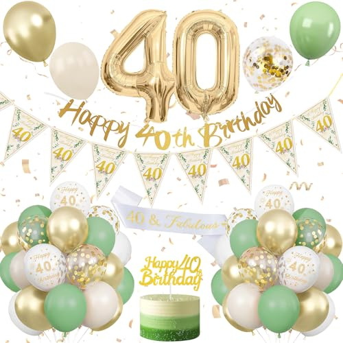 40. Geburtstag Deko Frauen,Salbeigrüne 40. Geburtstagsdeko,Deko 40 Geburtstags Frau Mann,Luftballons 40 Jahre Geburtstag Ballon Grün Weiß Gold mit Banner Happy Birthday für 40.Dekoration