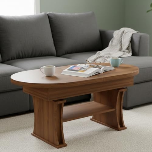 designimpex DA-130 Couchtisch oval Nussbaum ausziehbar 130 bis 170 cm höhenverstellbar 60-75 cm Ablage modern ovaler Wohnzimmertisch Esstisch Beistelltisch Sofatisch platzsparend Wohnzimmer