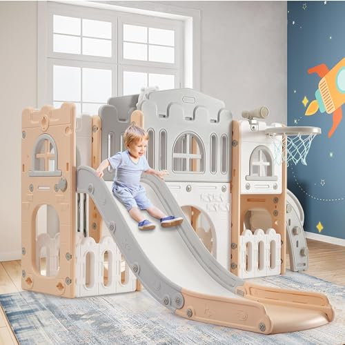 11-in-1 Kinderrutsche Indoor & Outdoor – Multifunktions Spielset Mit Klettergerüst, Basketballkorb, Tunnel, Lenkrad, Teleskop Und Zeichentafel Für Kinder 1-5 Jahre, Sicher Und Stabil, Rosa