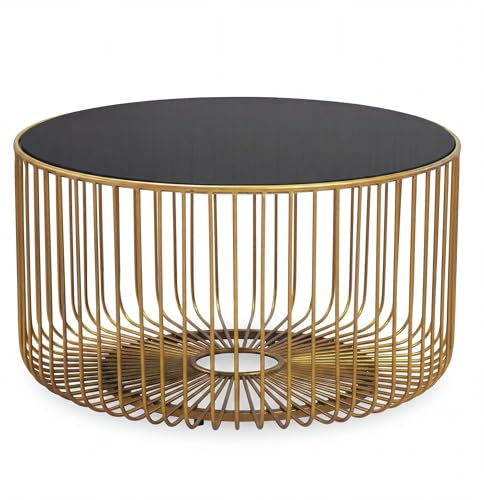 FineBuy Couchtisch Rund 60x60x35 cm Glas Metall Gold, Gittergestell | Wohnzimmertisch mit dunkler Glasplatte, Sofatisch markant, Loungetisch handgefertigt, Blickfang