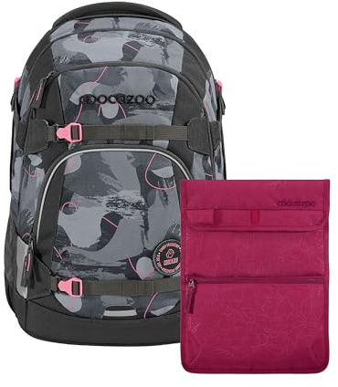 coocazoo Schulrucksack-Set Mate Bubble Brush 2-TLG., 30L ergonomisch, höhenverstellbar, Easy-Grow-System, reflektierend, grau/rosa, inkl. Tablet-/Laptoptasche 11, Größe S