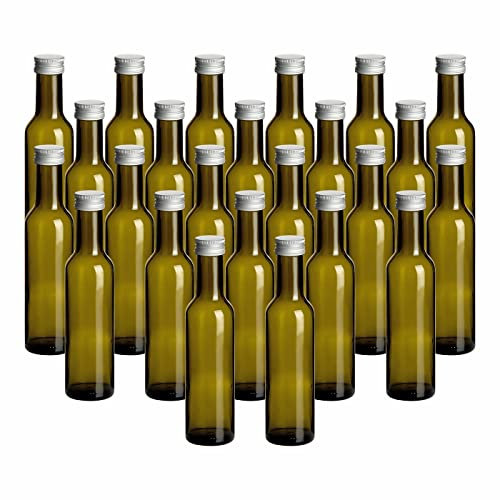 gouveo Juego de 24 botellas de vidrio Caesar Antique de 250 ml con tapón de rosca plateado - Botella vacía de 0,25 l con tapa para licor, aceite, vinagre - Botella de color para rellenar (CAF250S)