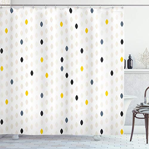 ABAKUHAUS Modern Duschvorhang, Tupfen Geometric, Stoffliches Gewebe Badezimmerdekorationsset mit Haken, 175 x 180 cm, Weiß Gelb Grau