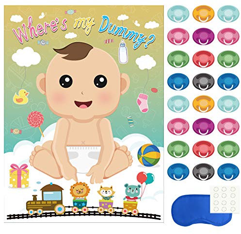 FEPITO Baby Shower Party Spiele, Pin The Dummy auf das Baby-Spiel mit 24Pcs Schnuller-Aufklebern für Babyparty Partei Versorgungen