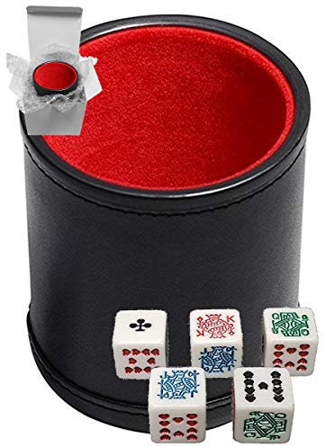 Set aus Würfelbechern, Kunstleder, mit rotem Plüsch-Innenfutter und Poker-Würfel, Weiß, kariert, in Geschenkbox