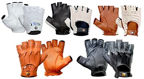 Halbfingerhandschuhe aus weichem Leder, Braun, Haken aus Baumwolle, Weiß, für Männer, Retro-Stil, ohne Finger, für Fitness, Auto, Motorrad, Fahrrad, Fitnessstudio, Krafttraining, Radfahren und Outdoor