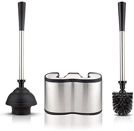 Umien™ Toilet Brush and Plunger Set - Stainless Steel Plunger and Toilet Brush Combo with Freestanding Canister - Modern and Sleek Bathroom Cleaning Accessories…