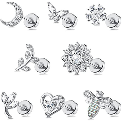 Milacolato 8PCS 16G Edelstahl Tragus Ohrringe für Damen Herren Knorpel Helix Piercing Lippenringe Nase Labret Chirurgenstahl Knorpel Ohr Piercing CZ Daith Tragus Piercings Ohrstecker Silver