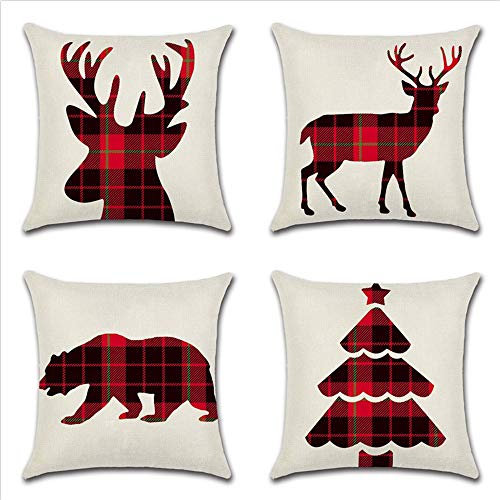JOTOM Weihnachten Kissenbezug wasserdichte Kissenhülle 45x45cm 4er Set Sofakissen Dekokissen Bezug für Sofa Zimmer Outdoor Balkon Terrasse Patio Garten Outdoor (Rot und Schwarz Kariert)