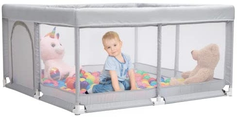 BEJOY Laufstall Baby Laufgitter 125 cm, Kompakt und Stark, Schaumstoffschutz, Rutschfester mit Transparentem, Atmungsaktivem Netz, Reißverschluss für Babys und Kleinkinder, Indoor & Outdoor