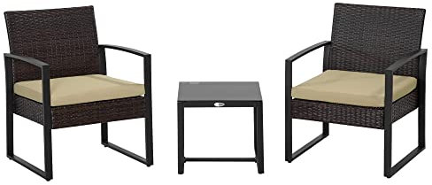 Outsunny 3 Pieces Rattan Bistro Set, Wicker Garden Furniture Set with Glass Top Coffee Table and Chairs, Washable Cushions, for Outdoor, Patio, Balcony, Beige