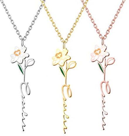 Grancey Birth Flower Name Necklace Personalised Floral Name Necklace Dainty Birth Month Flower Pendant Custom Engraved Jewelry Birthday Mother's Day Gift for Women Girls Silver Rose Gold