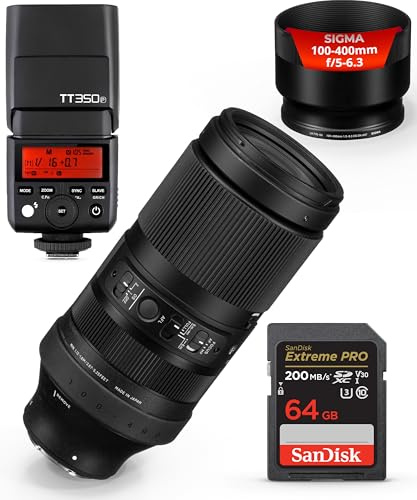 Sigma Objectif contemporain 100-400 mm f/5-6.3 DG DN OS pour Sony E | Objectif à monture E/format plein cadre, quatre éléments SLD, stabilisation d'image OS, flash Godox TT350S, carte mémoire Extreme