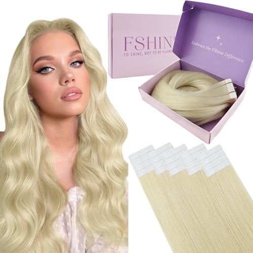 Fshine Unsichtbare Tape Extensions Echthaar Platinblond 30cm 20 Stücke Echthaar Extensions Tape Haarverlängerungen Bleichblond 30g Farbe 60