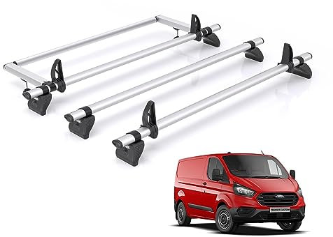 Van Demon Rhino Kammbar Pro 3 Roof Bars With 4 Loadstops & Roof Rack Rear Ladder Roller Bundle for Ford Transit Custom (2013-2024 GEN1) - Only Fits Standard Roof