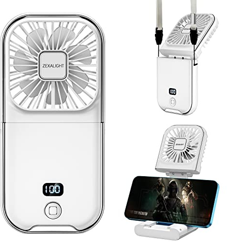 ZEXALIGHT Upgraded 5-in-1 Portable Handheld Fan, Necklace Fan, Mini Desk Fan, Foldable Phone Stand, Emergency Backup Power, Quiet USB Rechargeable Personal Fans with LED Digital Screen (White)