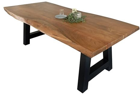 SAM Esstisch 300 x 100 cm Cali, Baumkantentisch nussbaumfarben, Akazienholz massiv, A-Gestell aus Metall Schwarz, aufgedoppelte Kanten 25+25 mm