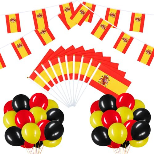 BBTO Set de Drapeau Espagnol avec Guirlande de Bannières de Drapeau Espagnol 10 Drapeaux à Main Espagnols 30 Ballons Noirs Rouges Jaunes pour Décoration de Fête d'Envoi à Thème Patriotique (Espagne)